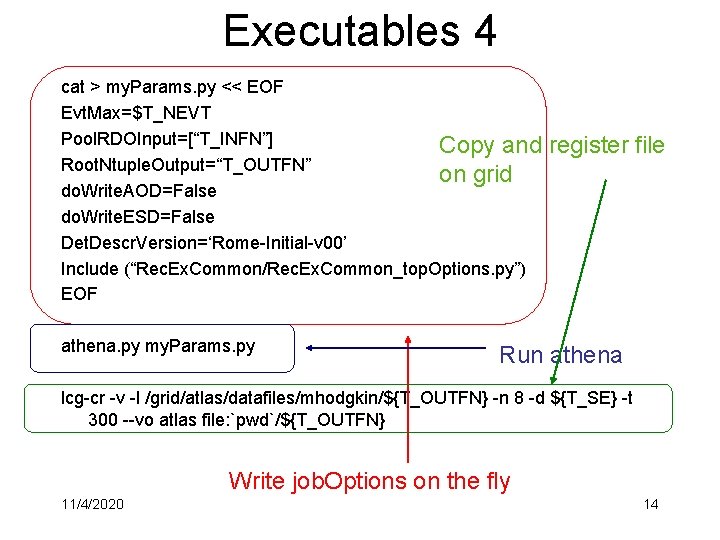 Executables 4 cat > my. Params. py << EOF Evt. Max=$T_NEVT Pool. RDOInput=[“T_INFN”] Copy