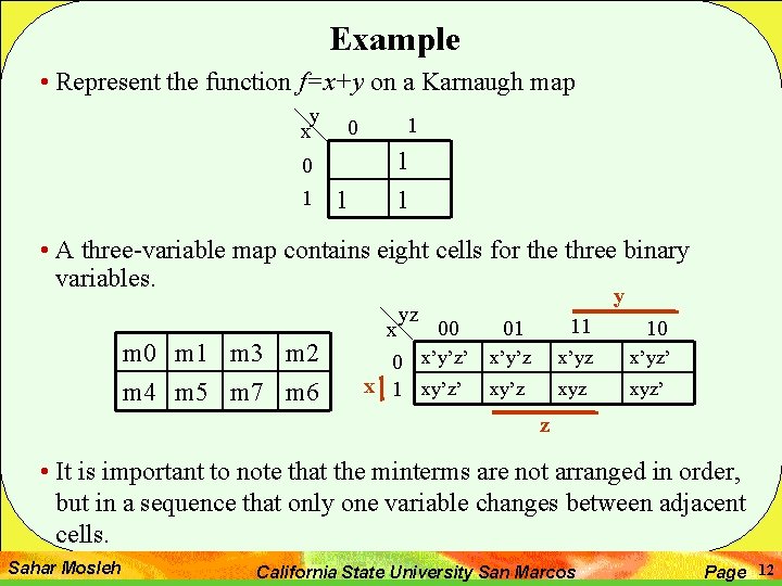 Example • Represent the function f=x+y on a Karnaugh map y x 0 1