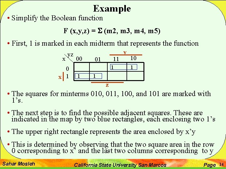 Example • Simplify the Boolean function F (x, y, z) = S (m 2,