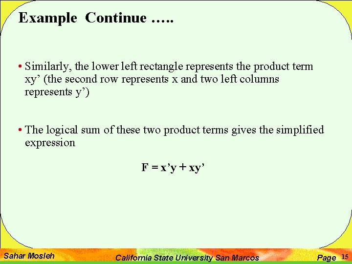 Example Continue …. . • Similarly, the lower left rectangle represents the product term