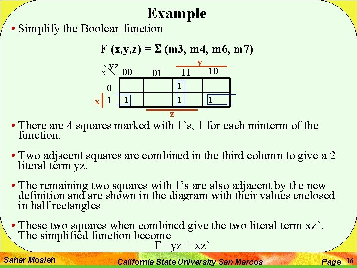 Example • Simplify the Boolean function F (x, y, z) = S (m 3,