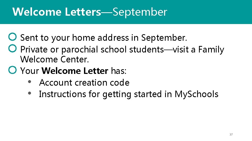 Welcome Letters—September Sent to your home address in September. Private or parochial school students—visit