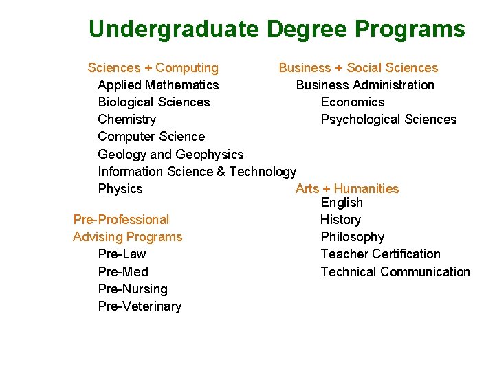 Undergraduate Degree Programs Sciences + Computing Business + Social Sciences Applied Mathematics Business Administration