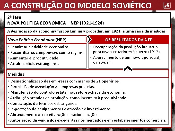 A CONSTRUÇÃO DO MODELO SOVIÉTICO 2ª fase NOVA POLÍTICA ECONÓMICA – NEP (1921 -1924)