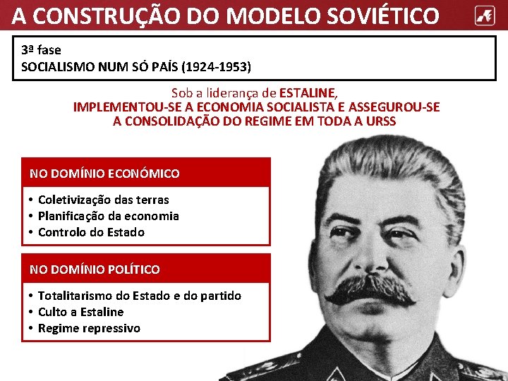 A CONSTRUÇÃO DO MODELO SOVIÉTICO 3ª fase SOCIALISMO NUM SÓ PAÍS (1924 -1953) Sob