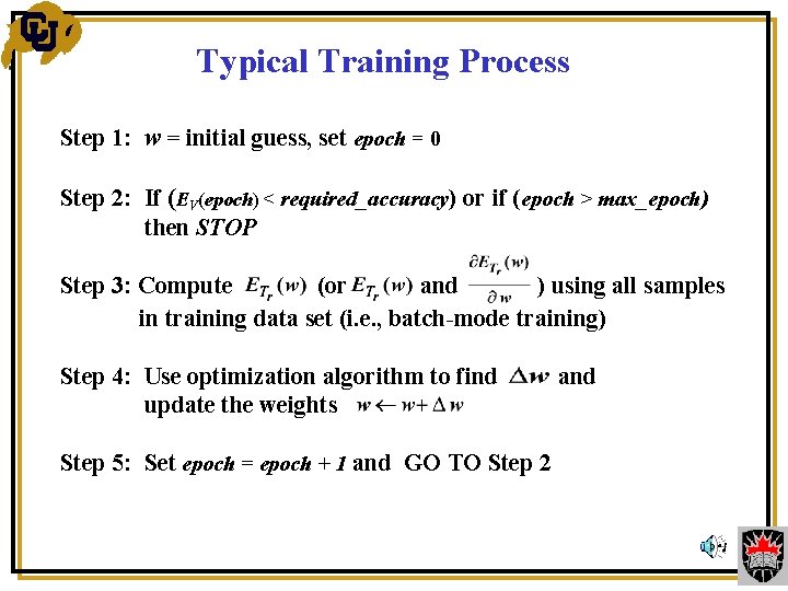  Typical Training Process Step 1: w = initial guess, set epoch = 0