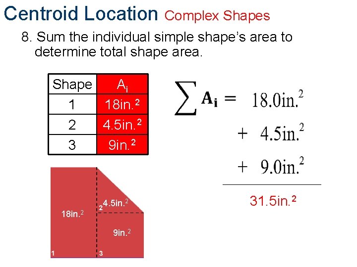 Centroid Location Complex Shapes 8. Sum the individual simple shape’s area to determine total