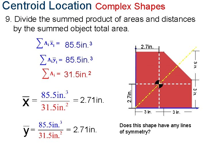 Centroid Location Complex Shapes 9. Divide the summed product of areas and distances by