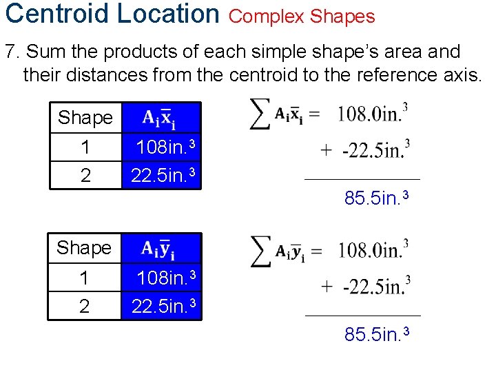 Centroid Location Complex Shapes 7. Sum the products of each simple shape’s area and