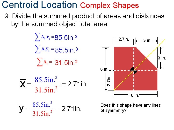 Centroid Location Complex Shapes 9. Divide the summed product of areas and distances by