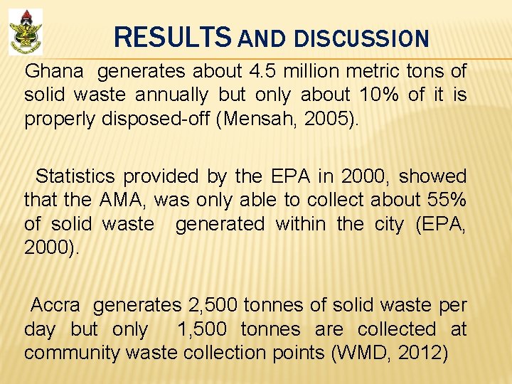 RESULTS AND DISCUSSION Ghana generates about 4. 5 million metric tons of solid waste