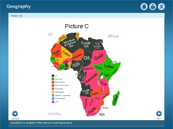 Geography Chapter 18 Picture C Previous Copyright © by Houghton Mifflin Harcourt Publishing Company