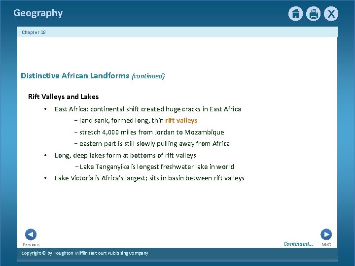 Geography Chapter 18 Distinctive African Landforms {continued} Rift Valleys and Lakes • East Africa: