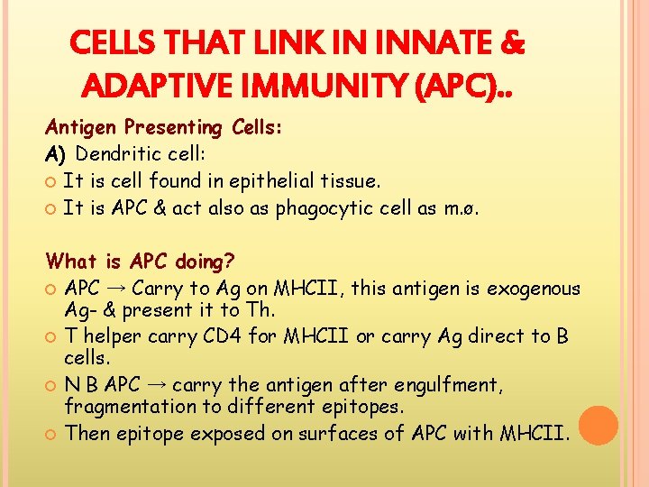 CELLS THAT LINK IN INNATE & ADAPTIVE IMMUNITY (APC). . Antigen Presenting Cells: A)