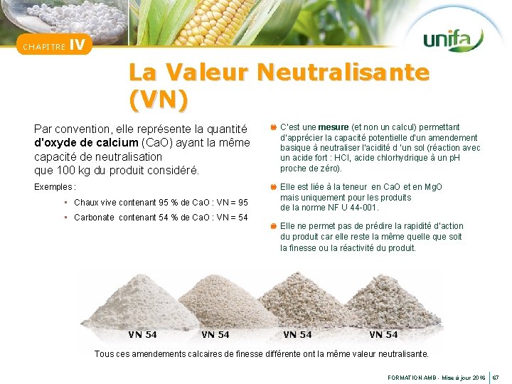 CHAPITRE IV La Valeur Neutralisante (VN) Par convention, elle représente la quantité d'oxyde de