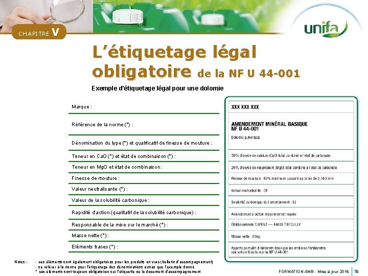 CHAPITRE V L’étiquetage légal obligatoire de la NF U 44 -001 Exemple d’étiquetage légal
