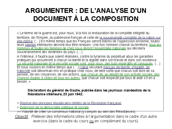 ARGUMENTER : DE L’ANALYSE D’UN DOCUMENT À LA COMPOSITION « Le terme de la