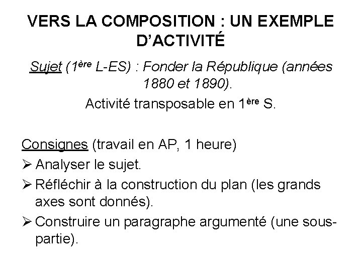 VERS LA COMPOSITION : UN EXEMPLE D’ACTIVITÉ Sujet (1ère L-ES) : Fonder la République