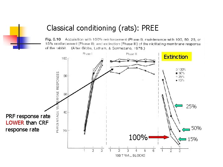 Classical conditioning (rats): PREE Extinction 25% PRF response rate LOWER than CRF response rate