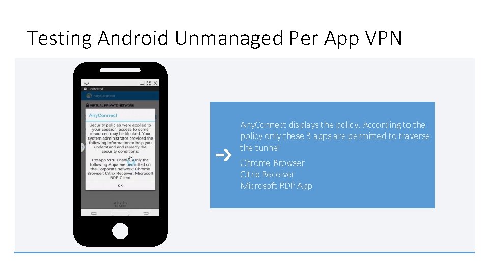 Testing Android Unmanaged Per App VPN Any. Connect displays the policy. According to the