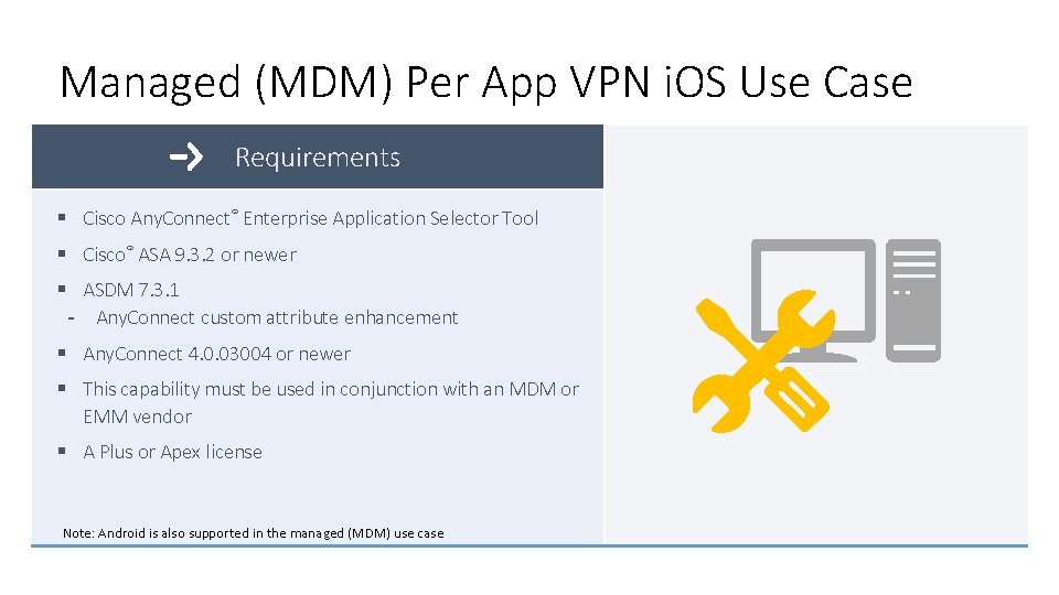 Managed (MDM) Per App VPN i. OS Use Case Requirements § Cisco Any. Connect®