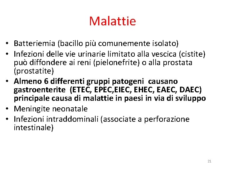 Malattie • Batteriemia (bacillo più comunemente isolato) • Infezioni delle vie urinarie limitato alla Malattie • Batteriemia (bacillo più comunemente isolato) • Infezioni delle vie urinarie limitato alla