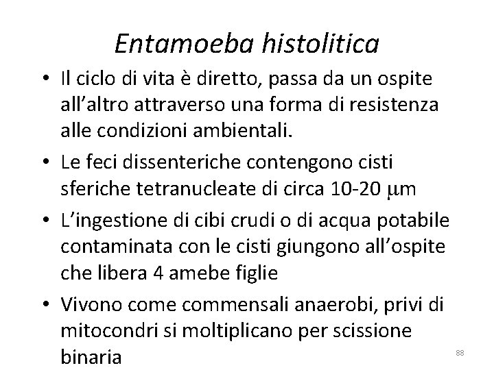 Entamoeba histolitica • Il ciclo di vita è diretto, passa da un ospite all’altro Entamoeba histolitica • Il ciclo di vita è diretto, passa da un ospite all’altro