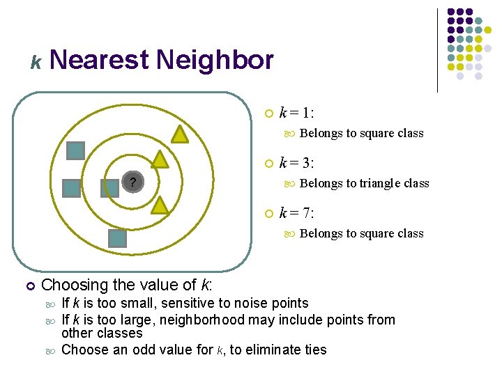 k Nearest Neighbor k = 1: ? k = 3: Belongs to triangle class