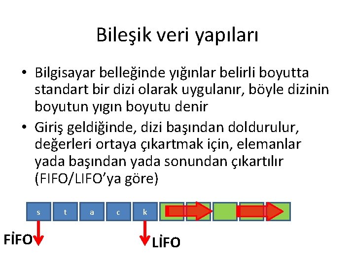 Bileşik veri yapıları • Bilgisayar belleğinde yığınlar belirli boyutta standart bir dizi olarak uygulanır,