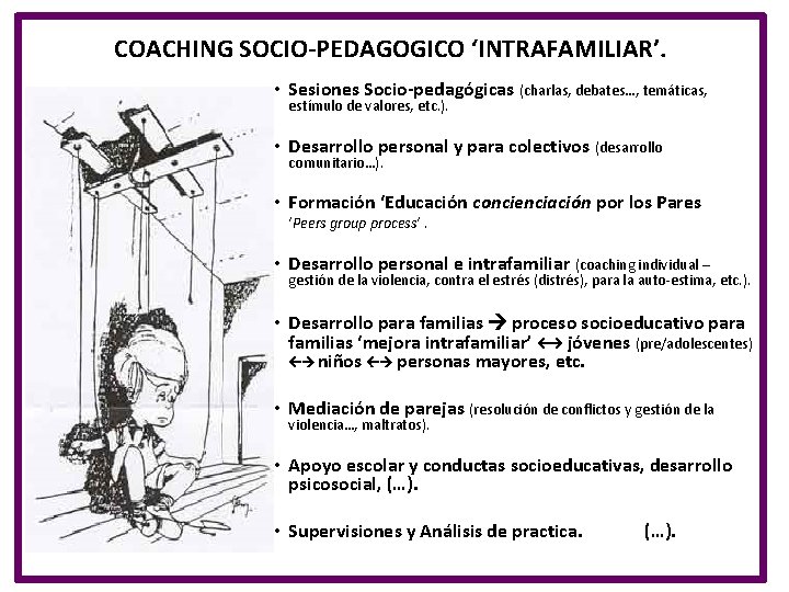 COACHING SOCIO-PEDAGOGICO ‘INTRAFAMILIAR’. • Sesiones Socio-pedagógicas (charlas, debates…, temáticas, estímulo de valores, etc. ).