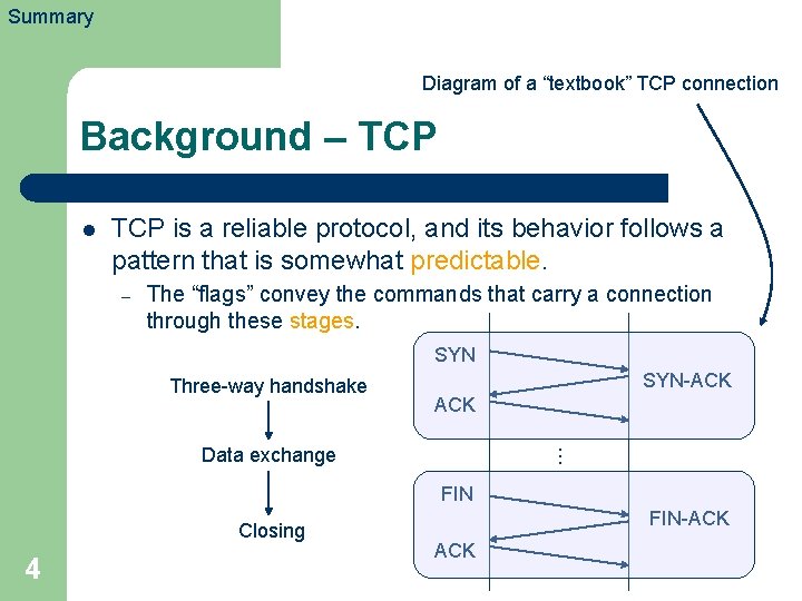Summary Diagram of a “textbook” TCP connection Background – TCP l TCP is a