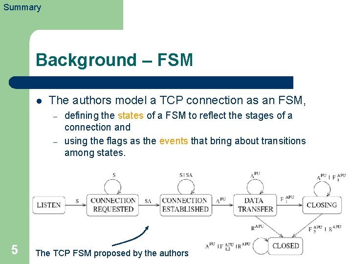 Summary Background – FSM l The authors model a TCP connection as an FSM,