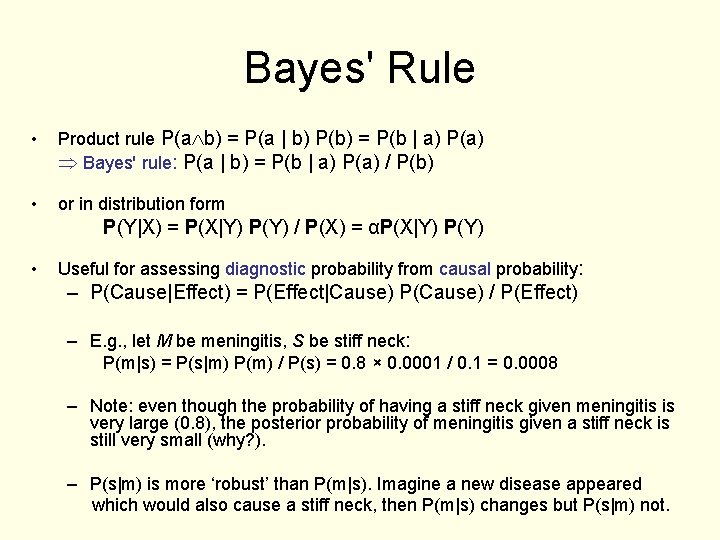 Bayes' Rule • Product rule P(a b) = P(a | b) P(b) = P(b