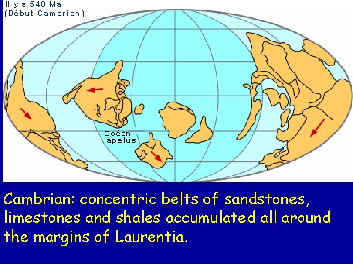 Cambrian: concentric belts of sandstones, limestones and shales accumulated all around the margins of