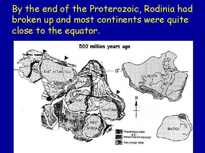 By the end of the Proterozoic, Rodinia had broken up and most continents were