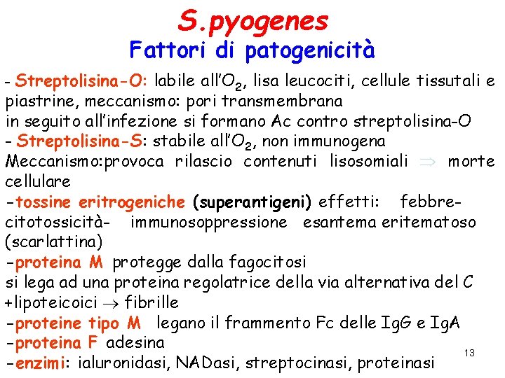 S. pyogenes Fattori di patogenicità - Streptolisina-O: labile all’O 2, lisa leucociti, cellule tissutali