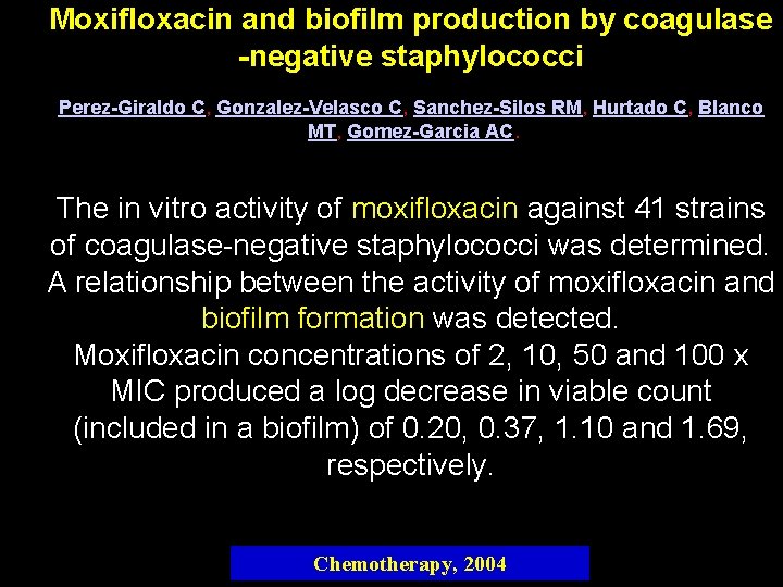 Moxifloxacin and biofilm production by coagulase -negative staphylococci Perez-Giraldo C, Gonzalez-Velasco C, Sanchez-Silos RM,