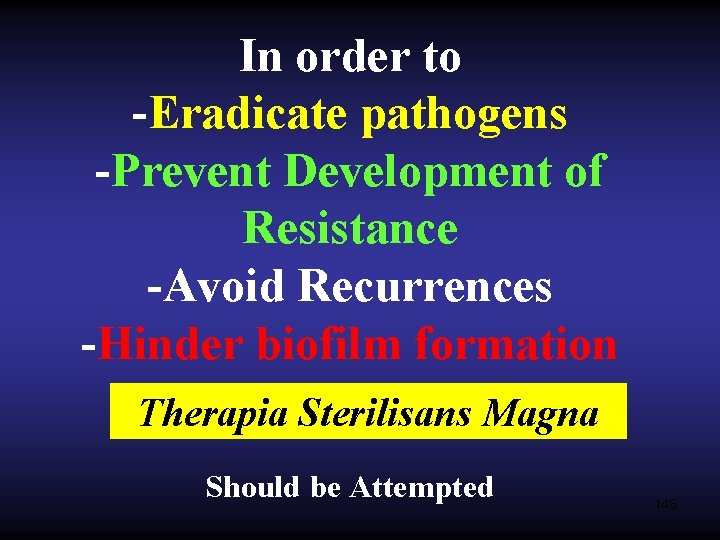 In order to -Eradicate pathogens -Prevent Development of Resistance -Avoid Recurrences -Hinder biofilm formation