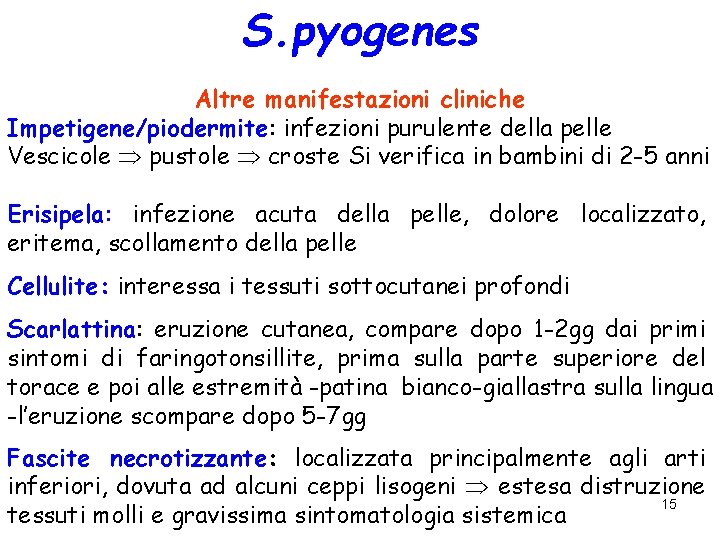 S. pyogenes Altre manifestazioni cliniche Impetigene/piodermite: infezioni purulente della pelle Vescicole pustole croste Si