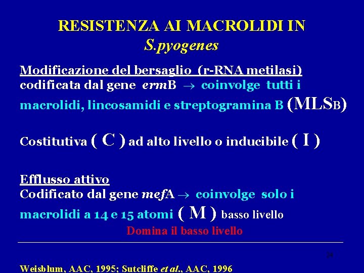 RESISTENZA AI MACROLIDI IN S. pyogenes Modificazione del bersaglio (r-RNA metilasi) codificata dal gene