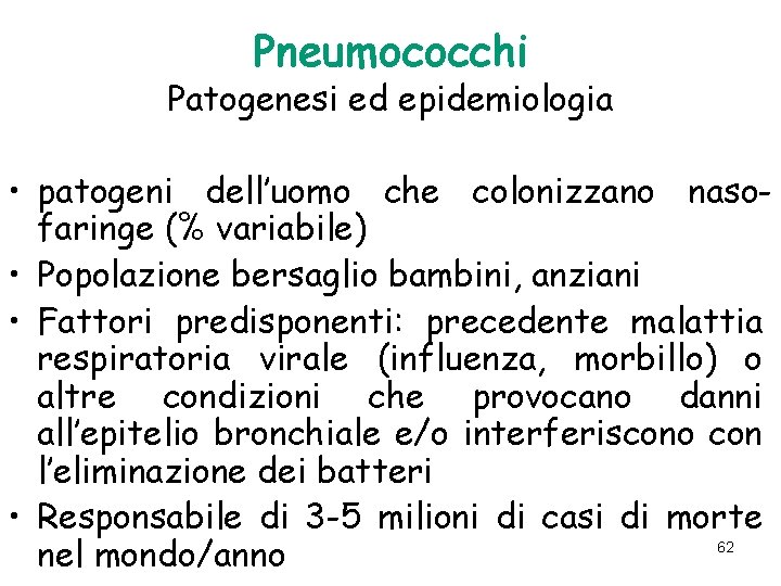 Pneumococchi Patogenesi ed epidemiologia • patogeni dell’uomo che colonizzano nasofaringe (% variabile) • Popolazione