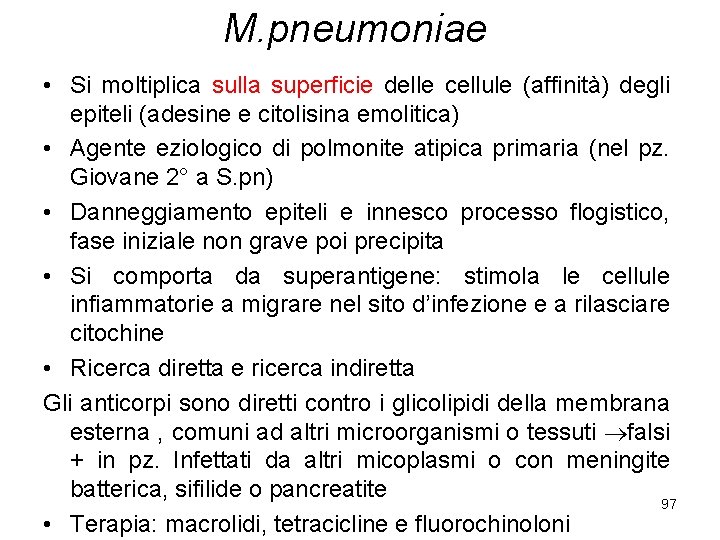 M. pneumoniae • Si moltiplica sulla superficie delle cellule (affinità) degli epiteli (adesine e