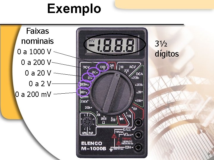 Exemplo Faixas nominais 0 a 1000 V 0 a 20 V 0 a 2