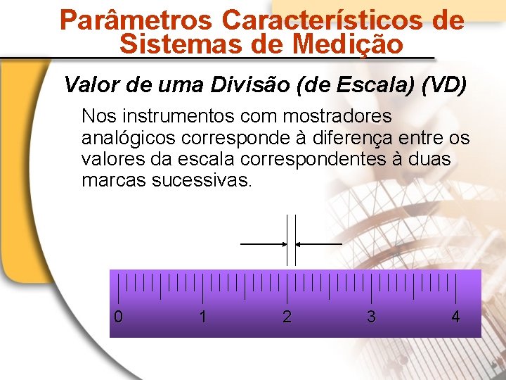 Parâmetros Característicos de Sistemas de Medição Valor de uma Divisão (de Escala) (VD) Nos