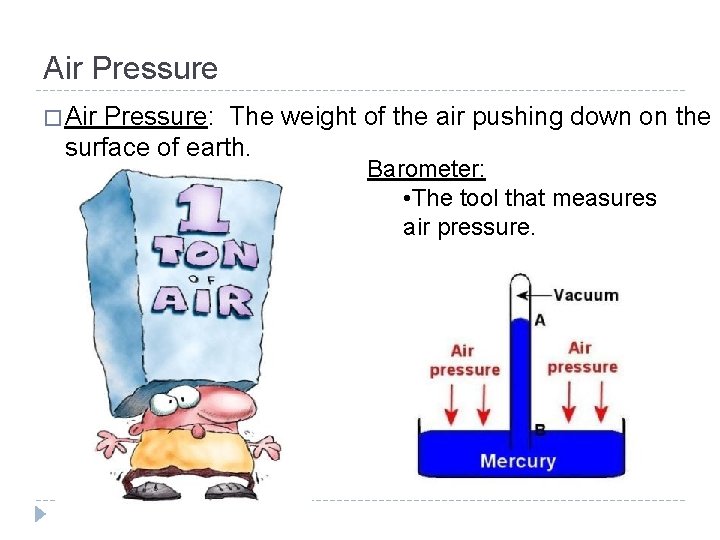 Air Pressure � Air Pressure: The weight of the air pushing down on the