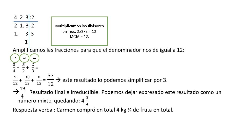  • Multiplicamos los divisores primos: 2 x 2 x 3 = 12 MCM