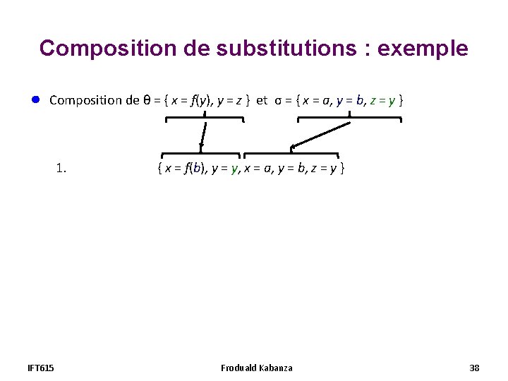Composition de substitutions : exemple ● Composition de θ = { x = f(y), Composition de substitutions : exemple ● Composition de θ = { x = f(y),
