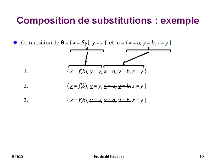 Composition de substitutions : exemple ● Composition de θ = { x = f(y), Composition de substitutions : exemple ● Composition de θ = { x = f(y),