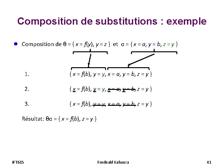 Composition de substitutions : exemple ● Composition de θ = { x = f(y), Composition de substitutions : exemple ● Composition de θ = { x = f(y),