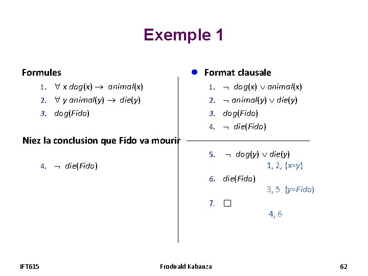 Exemple 1 ● Formules Format clausale 1. x dog(x) animal(x) 1. dog(x) animal(x) 2. Exemple 1 ● Formules Format clausale 1. x dog(x) animal(x) 1. dog(x) animal(x) 2.